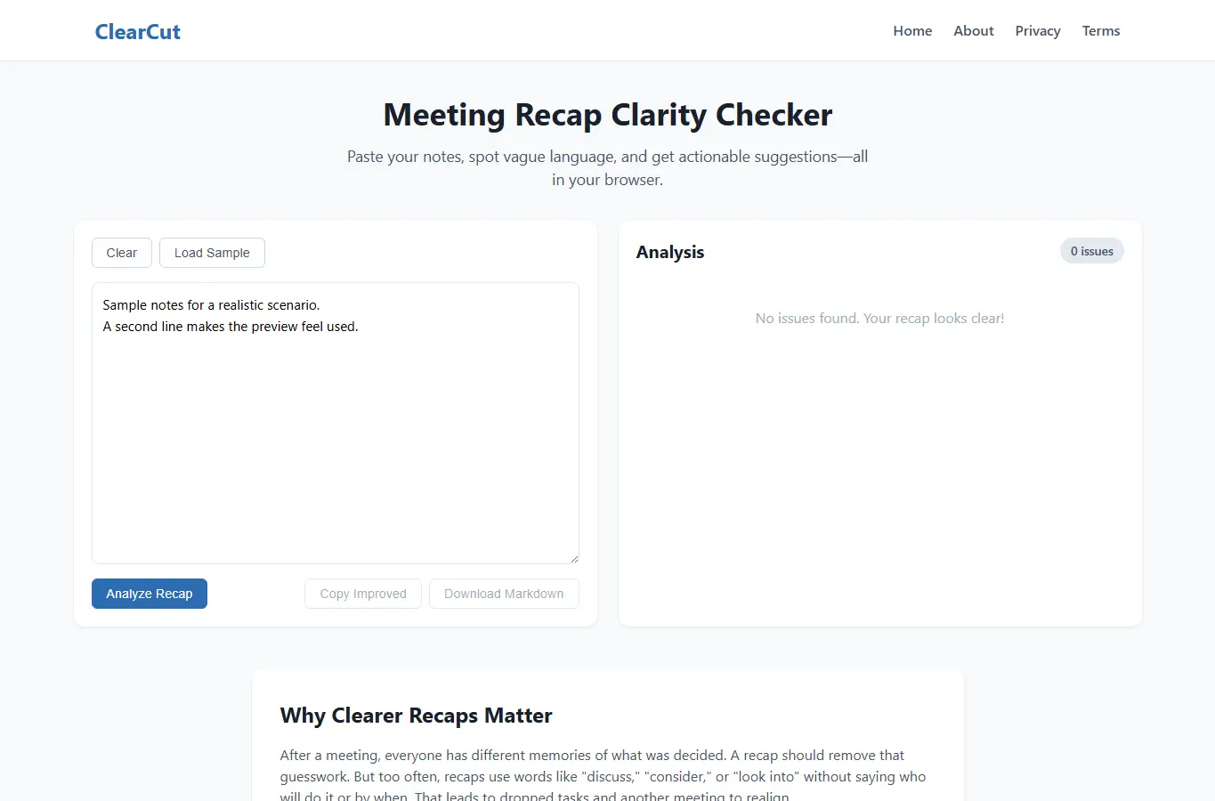 Screenshot of ClearCut: Meeting Recap Clarity Checker interface showing the project page in use